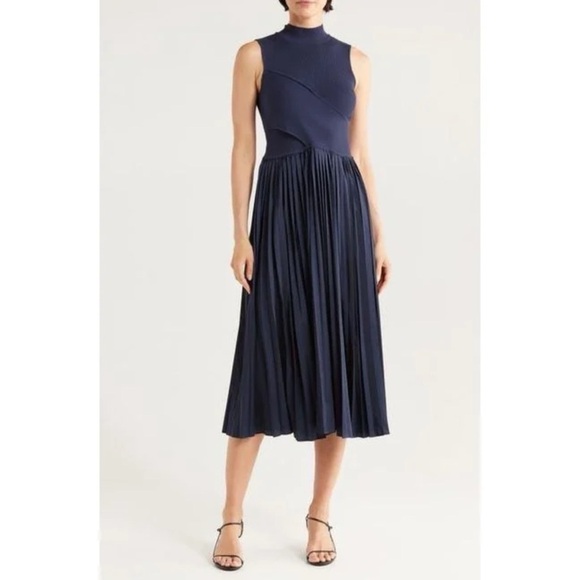 Derek Lam Dresses & Skirts - NWT Derek Lam Maizie Mock Neck Pleated Navy Sweater Dress - Size Medium